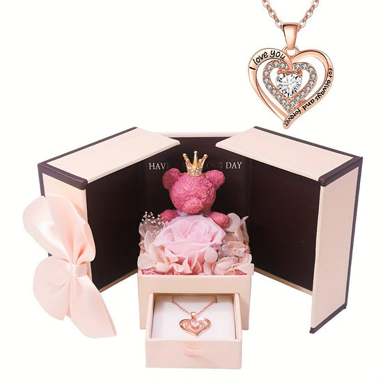 Rose Bear Gift Box with Heart Necklace